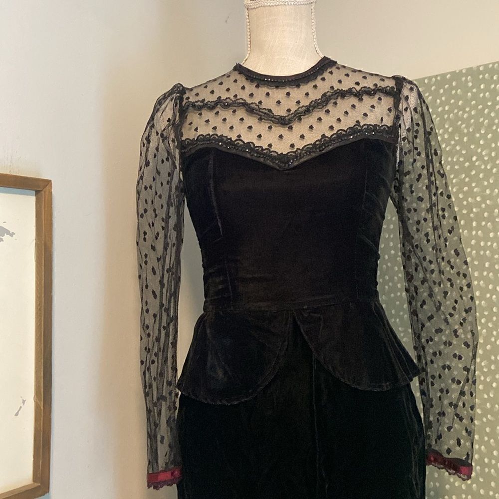 Gunne Sax Black Velvet Vintage Polka Dot Lace Goth Emo Peplum Mini Dress Size 5 - Picture 2 of 11